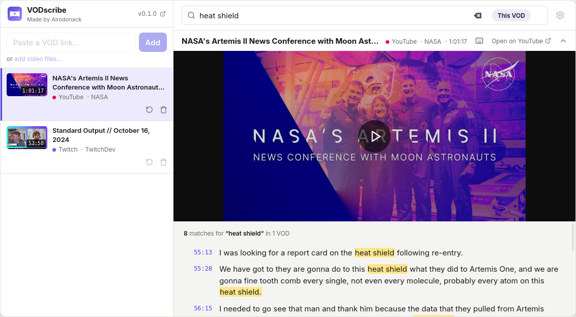 VODscribe with a NASA VOD open and every mention of “heat shield” found